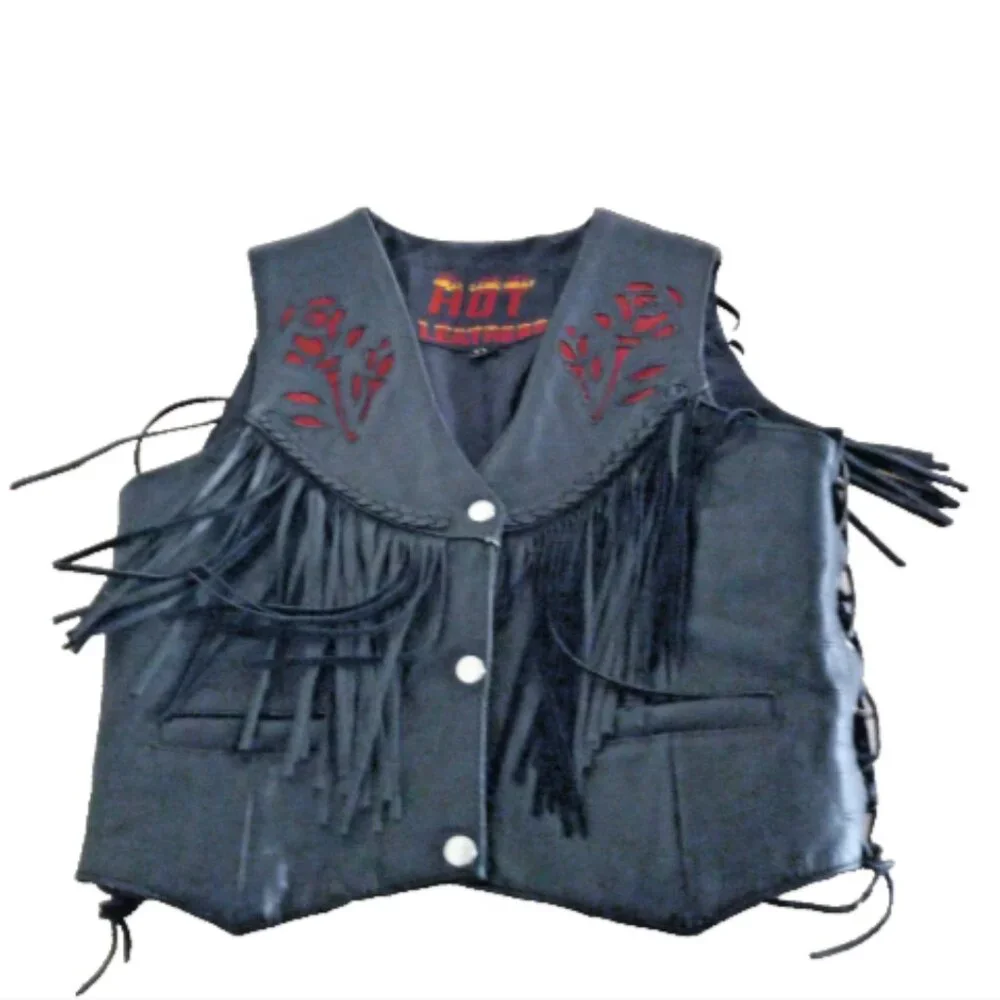 Hot Leathers Womens Fringe Leather Vest M Black Red Rose Lace UP Sides Snaps EUC - Picture 11 of 16
